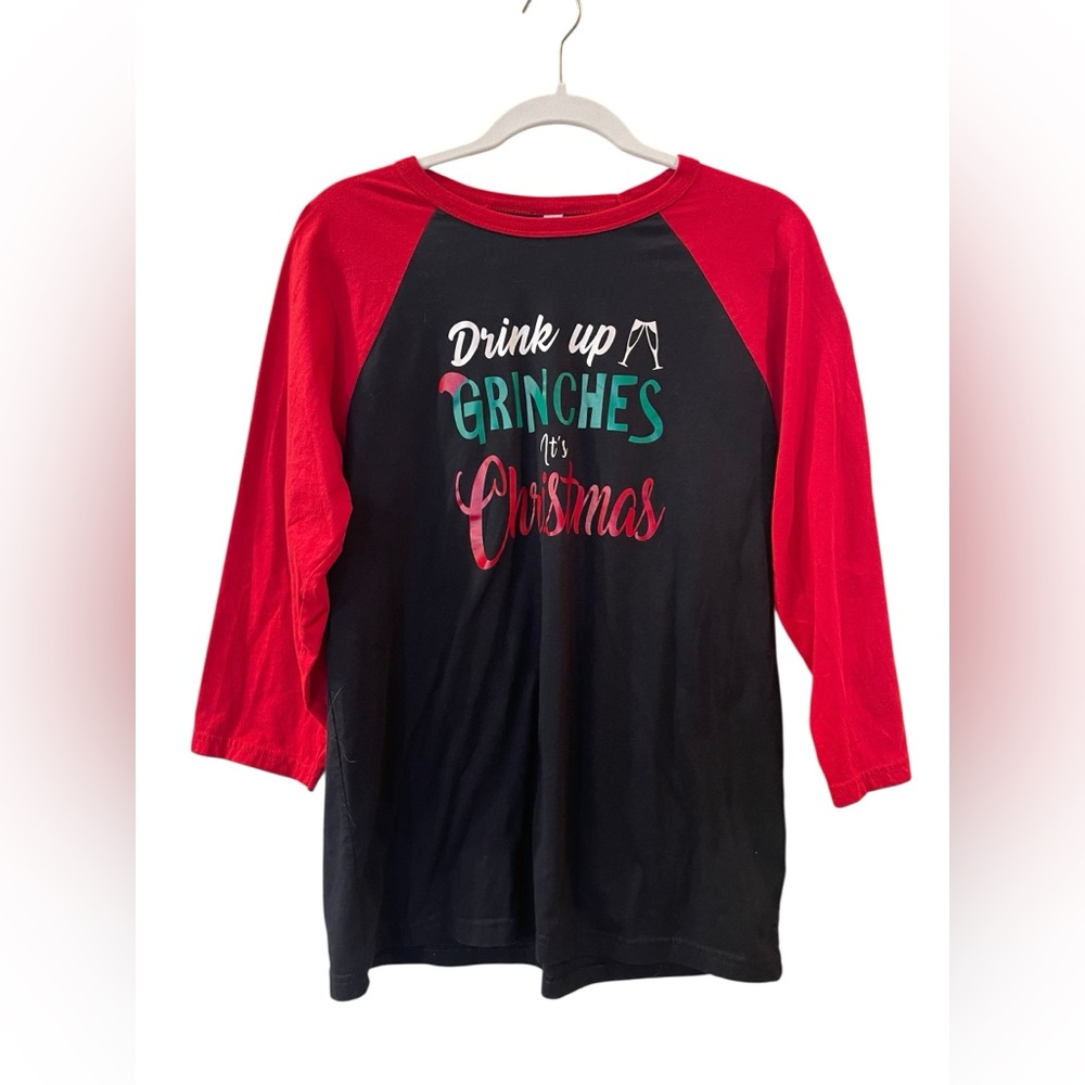 Drink Up Grinch's It’s Christmas Women’s Holiday Top Shirt Raglan Sleeve Large
